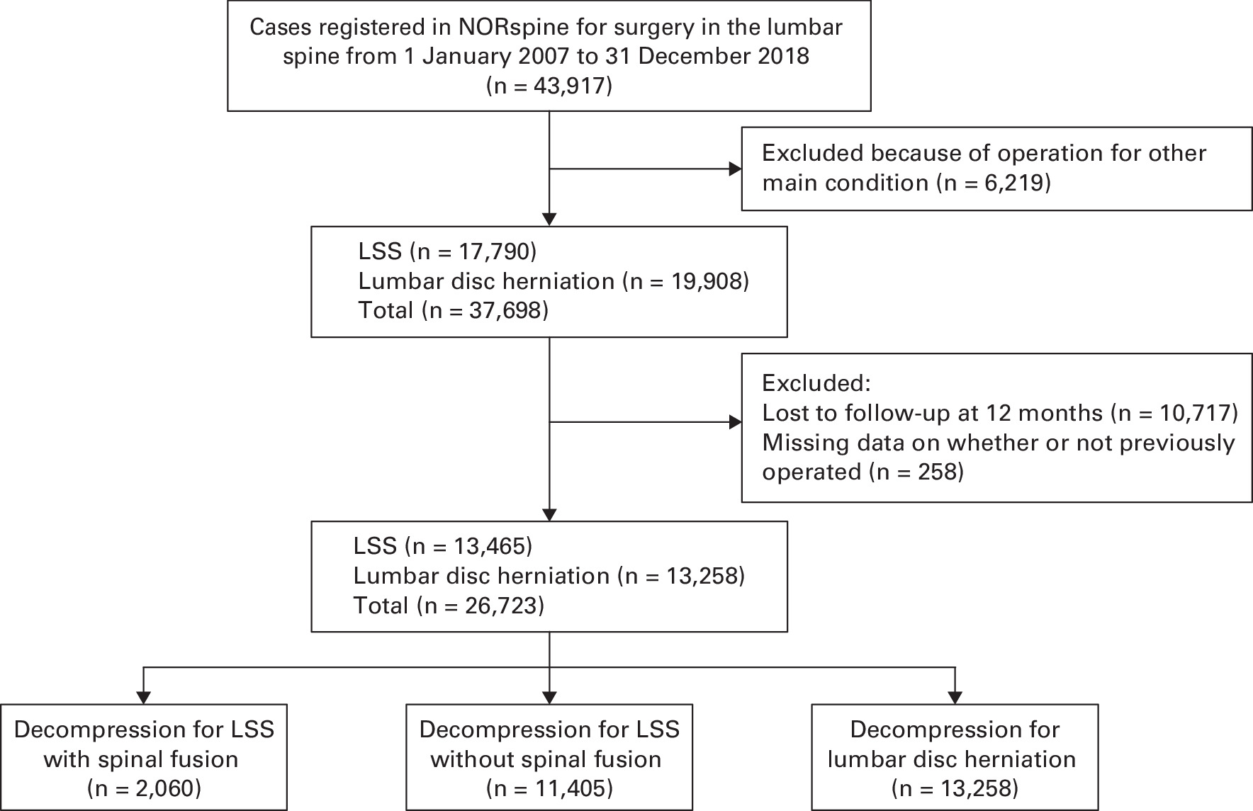 Fig. 1 
          Flowchart showing the recruitment process to the study. LSS, lumbar spinal stenosis; NORspine, Norwegian Registry for Spine Surgery.
        