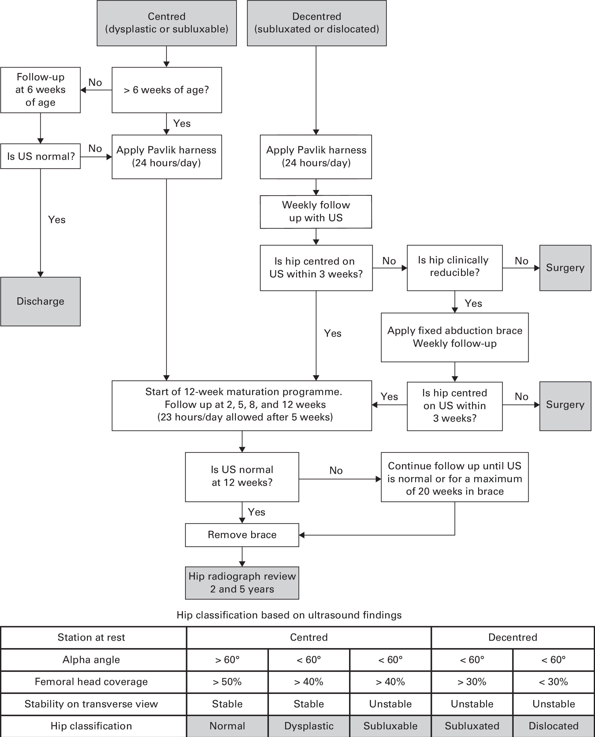 Fig. 2 
            Comprehensive nonoperative management protocol. DDH, developmental dysplasia of the hip; US, ultrasound.
          