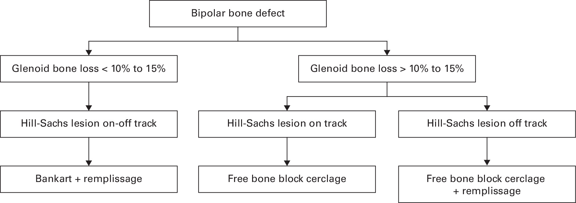 Fig. 10 
          Treatment algorithm for anterior shoulder instability with bipolar bone loss.
        