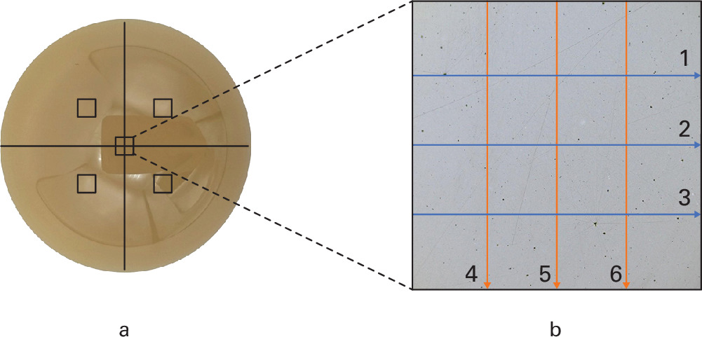 Fig. 5 
            a) Surface profile measurements were taken at the spherical pole and in each of the four quadrants approximately 30° from it. b) Six series of measurements were performed at each of the five locations, with three measurements taken perpendicular to the other three.
          