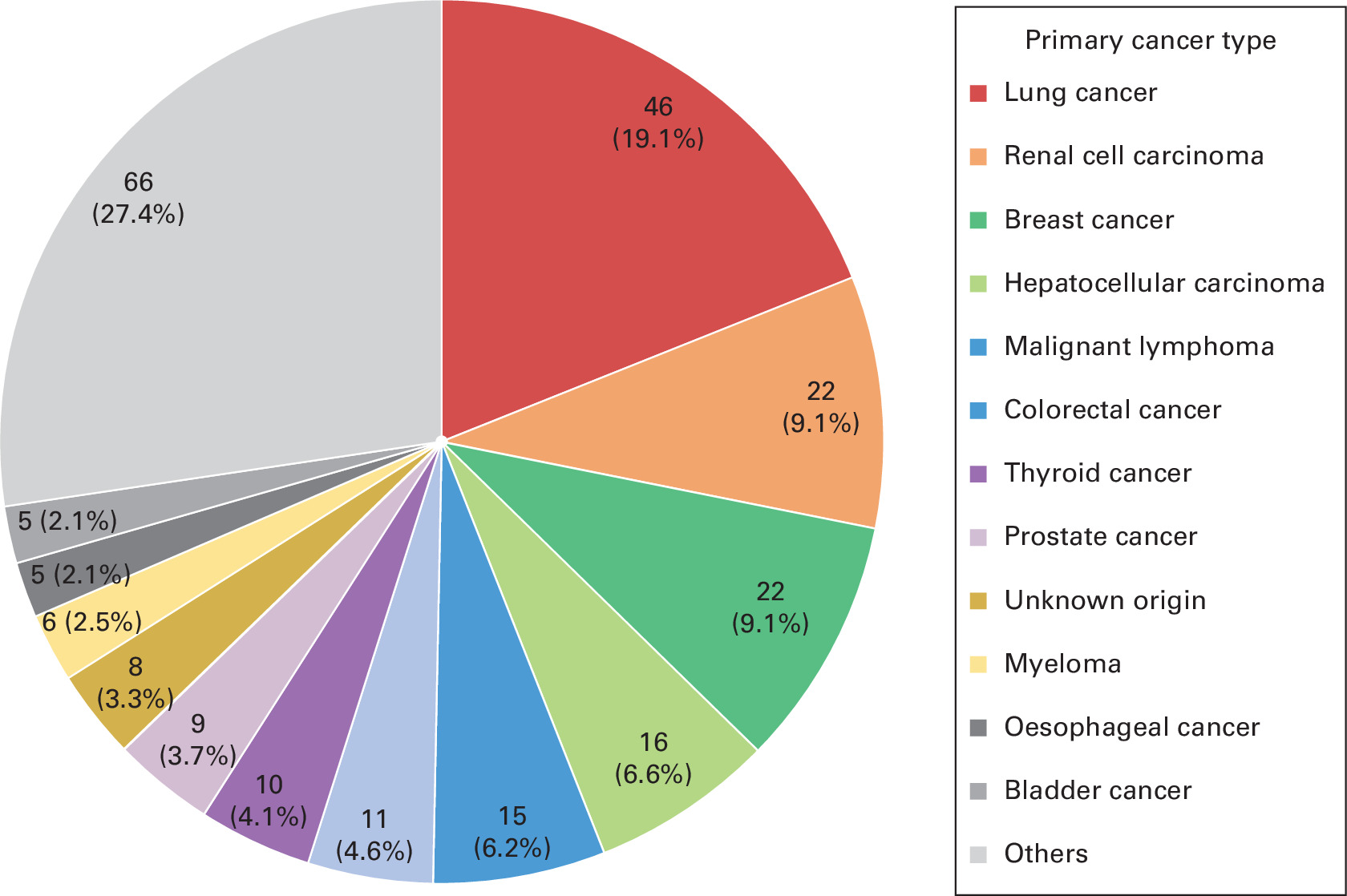 Fig. 1 
            Primary cancer types of 241 patients with spinal metastases.
          