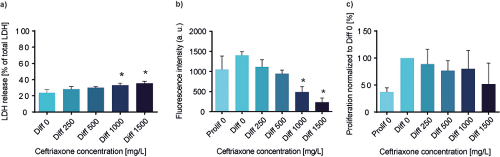 Fig. 2 
            a) Subtoxic effects and influence of different concentrations of ceftriaxone on b) metabolic activity and c) proliferation of human bone progenitor cells (HBCs) cultured in proliferation medium (Prolif) or osteogenic differentiation medium (Diff) for ten days (mean and standard deviation, n = 3). Statistically significant differences compared to Diff 0 are indicated with * (lactate dehydrogenase (LDH) 1,000 mg/l, p = 0.024, LDH 1,500 mg/l p = 0.006, fluorescence intensity (FI) 1,000 mg/l, p = 0.00041, FI 1,500 mg/l, p < 0.0001,0, one-way analysis of variance). a.u., arbitrary units.
          