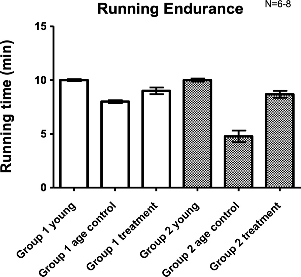 Fig. 1 
            Parathyroid hormone (PTH) (1-34) improved knee function in treadmill test. At the age of six months (Group 1), guinea pigs were assigned into a control (Group 1 control; n = 7) or osteoarthritis (OA) with PTH (1-34) treatment (Group 1 treatment) group (n = 8). Another eight three-month-old guinea pigs were purchased and served as the young control group (Group 1 young; n = 8). Guinea pigs at seven months old (Group 2) were randomized into either the control (Group 2 control; n = 6) or OA with PTH (1-34) treatment (Group 2 treatment) group (n = 6). Another eight four-month-old guinea pigs were purchased and served as the young control group (Group 2 young; n = 8). All guinea pigs received treatment once per week for three months. The guinea pigs in age control group only could endure less time than those in the young group, both in group 1 and group 2 (p < 0.01). With treatment of PTH, the guinea pigs could significantly increase the endurance in treadmill test (p < 0.05 in group 1 and p < 0.01 in group 2) with no significant difference with guinea pigs in young group. **p < 0.01 versus Group 1 young group. #p < 0.05 versus Group 1 age control group. aa: p < 0.01 versus Group 2 age control group. All p-values calculated using one-way analysis of variance.
          