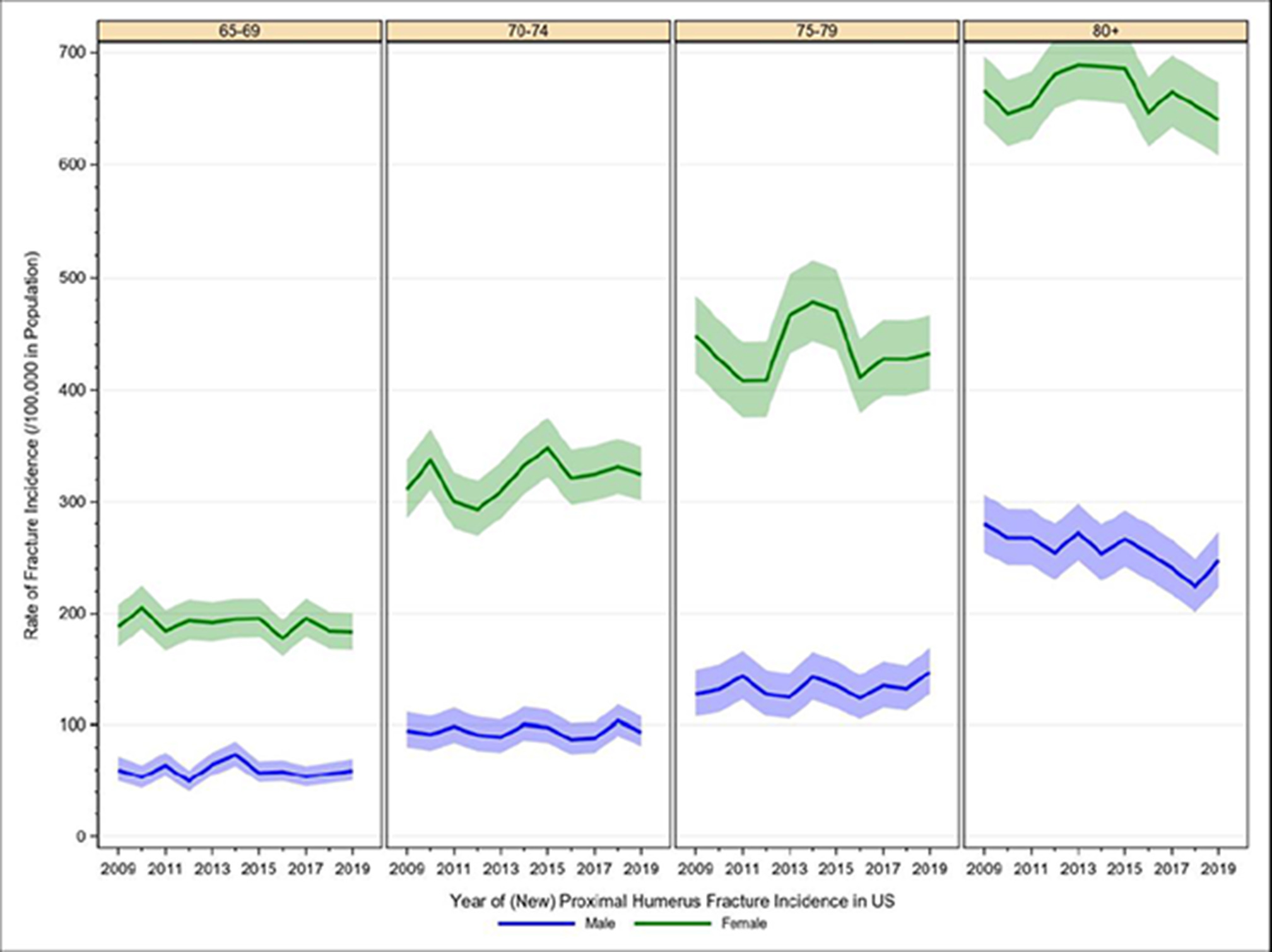 Fig. 1 
            Historic development of age- and sex-specific incidence rates of proximal humerus fractures.
          