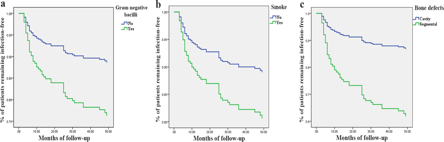 Fig. 4 
            Survival function curves using a Cox regression model for risk factors of: a) Gram-negative bacilli (risk ratio (RR) 2.24; p < 0.004); b) smoking (RR 1.85; p < 0.031); and c) segmental bone defect types (RR 3.39; p = 0.001).
          