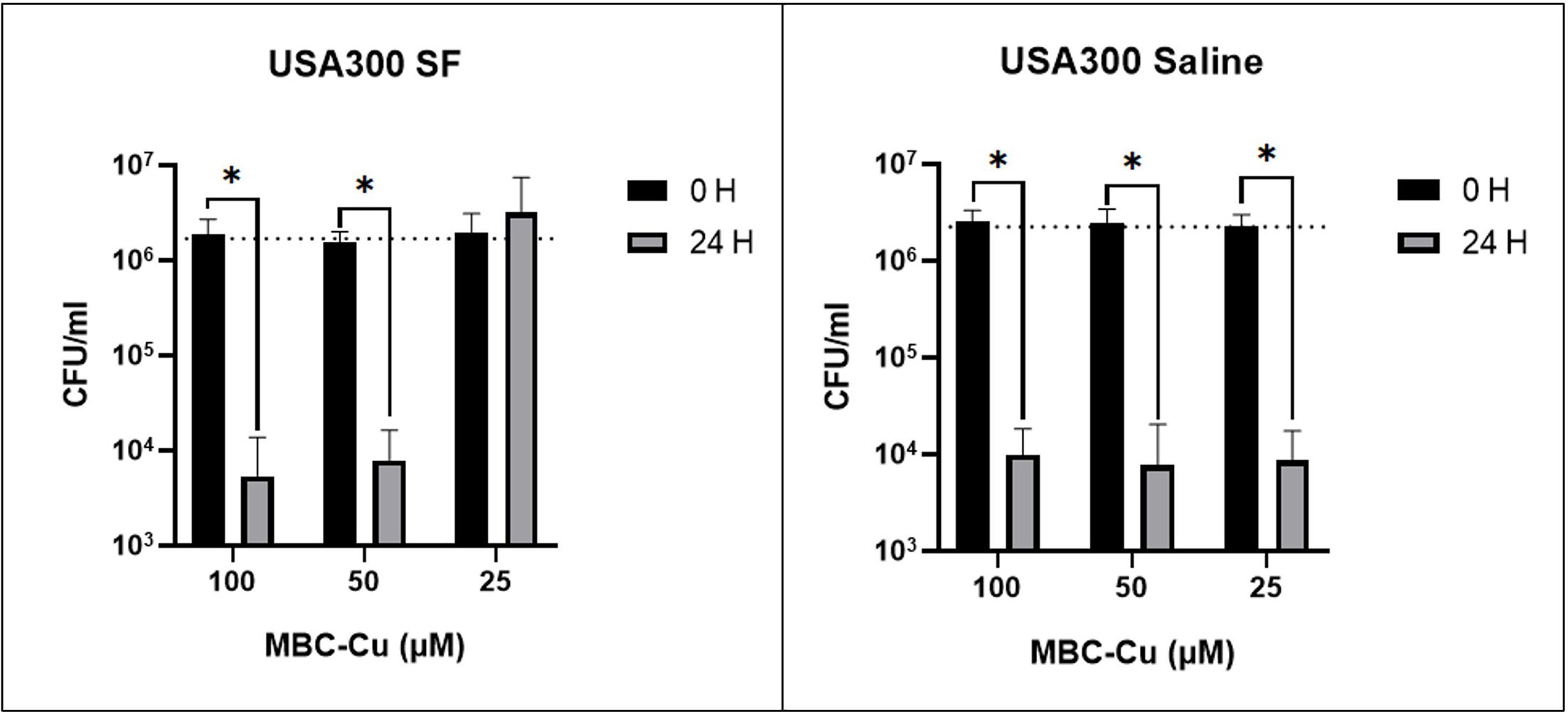 Fig. 6 
          Minimum bactericidal concentration of copper on Staphylococcus aureus USA300 wild type. Variables were considered statistically significant at *p < 0.05.
        