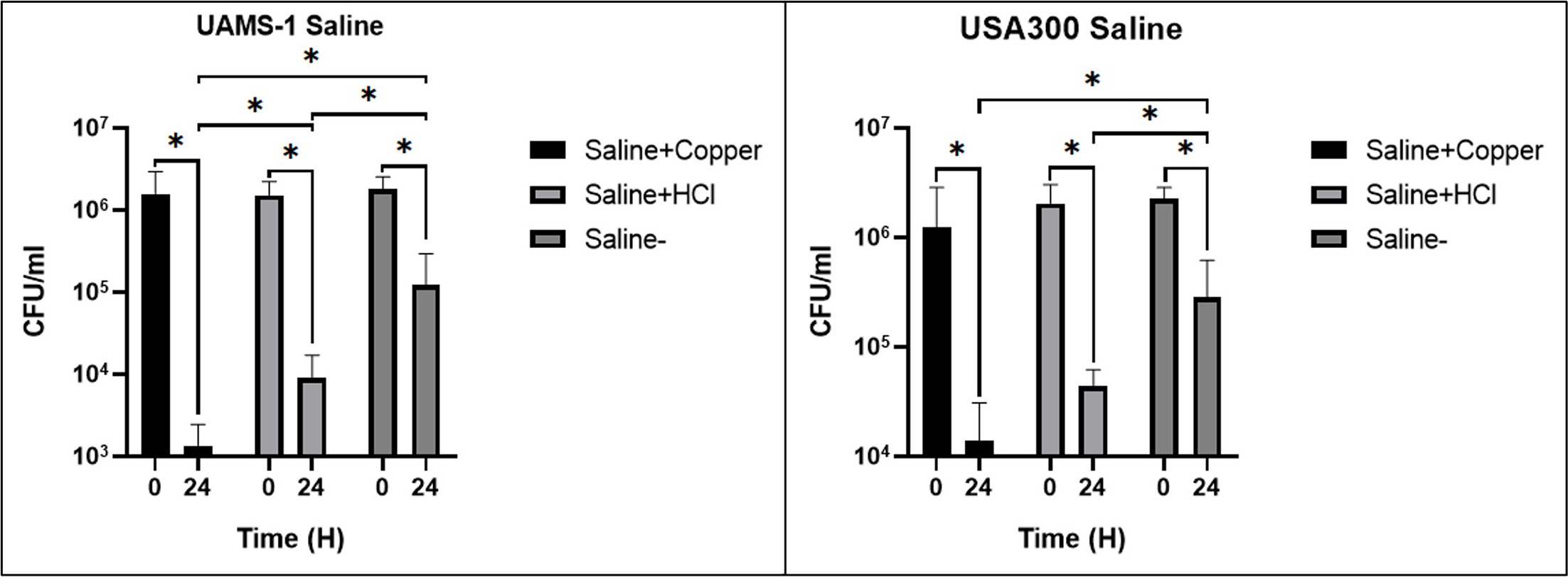 Fig. 8 
            The effect of low-pH environment on Staphylococcus aureus viability in saline solution. Variables were considered statistically significant at *p < 0.05. CFU, colony-forming units; HCl, hydrochloric acid.
          