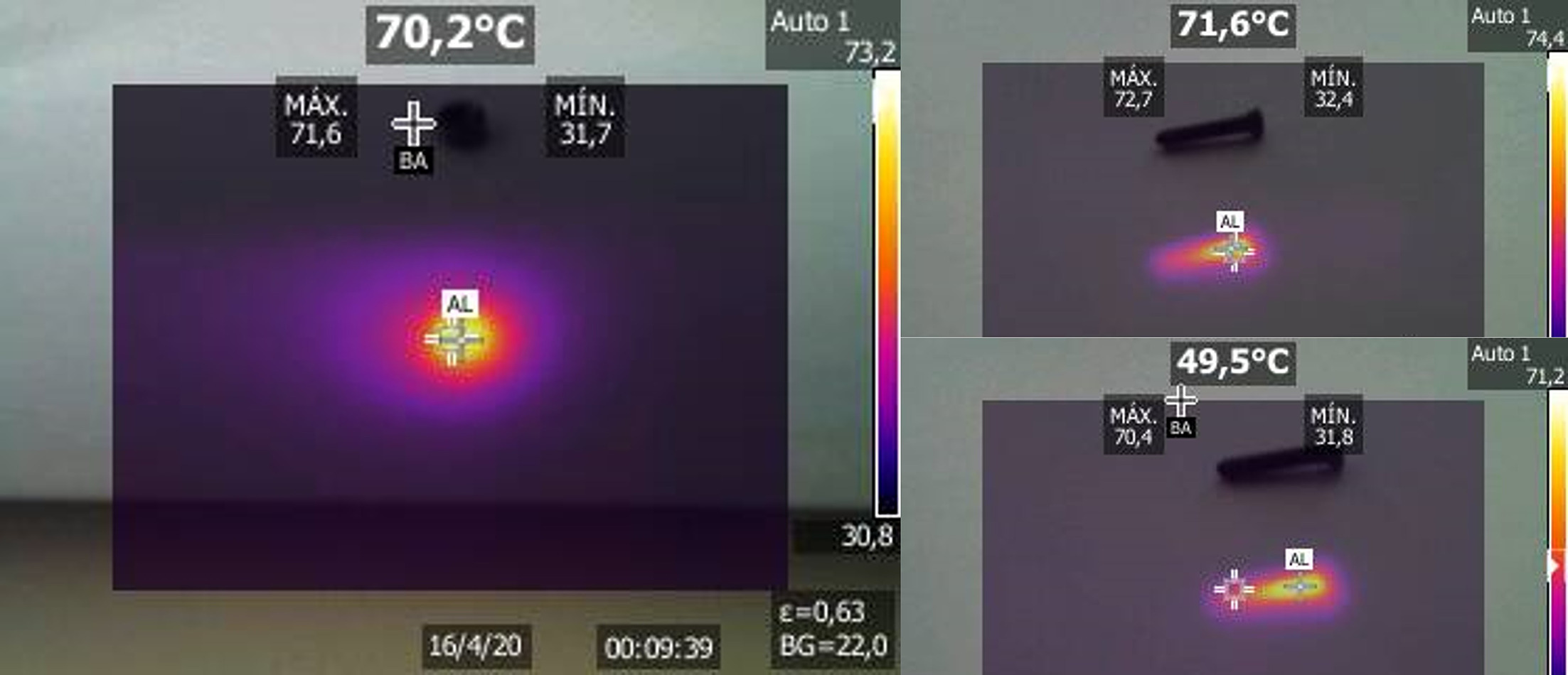 Fig. 3 
            Thermographic images of ex vivo heated screws. Left: Front view of the screw head. Right: Lateral view of heated screw immediately after removal. Note that the temperature at the tip of the screw (bottom right) is significantly lower than that of the head (upper right).
          