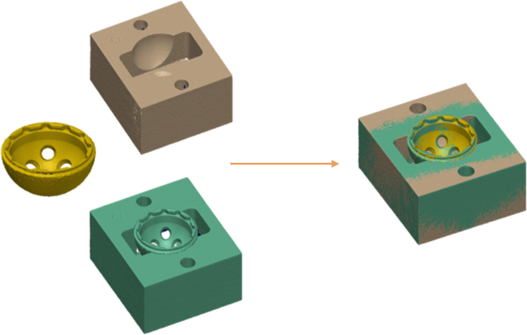 Fig. 3 
            The final polar gap was derived by superimposing pre-implantation 3D scans of the surrogate cavity and acetabular component to the post-implantation scan.
          