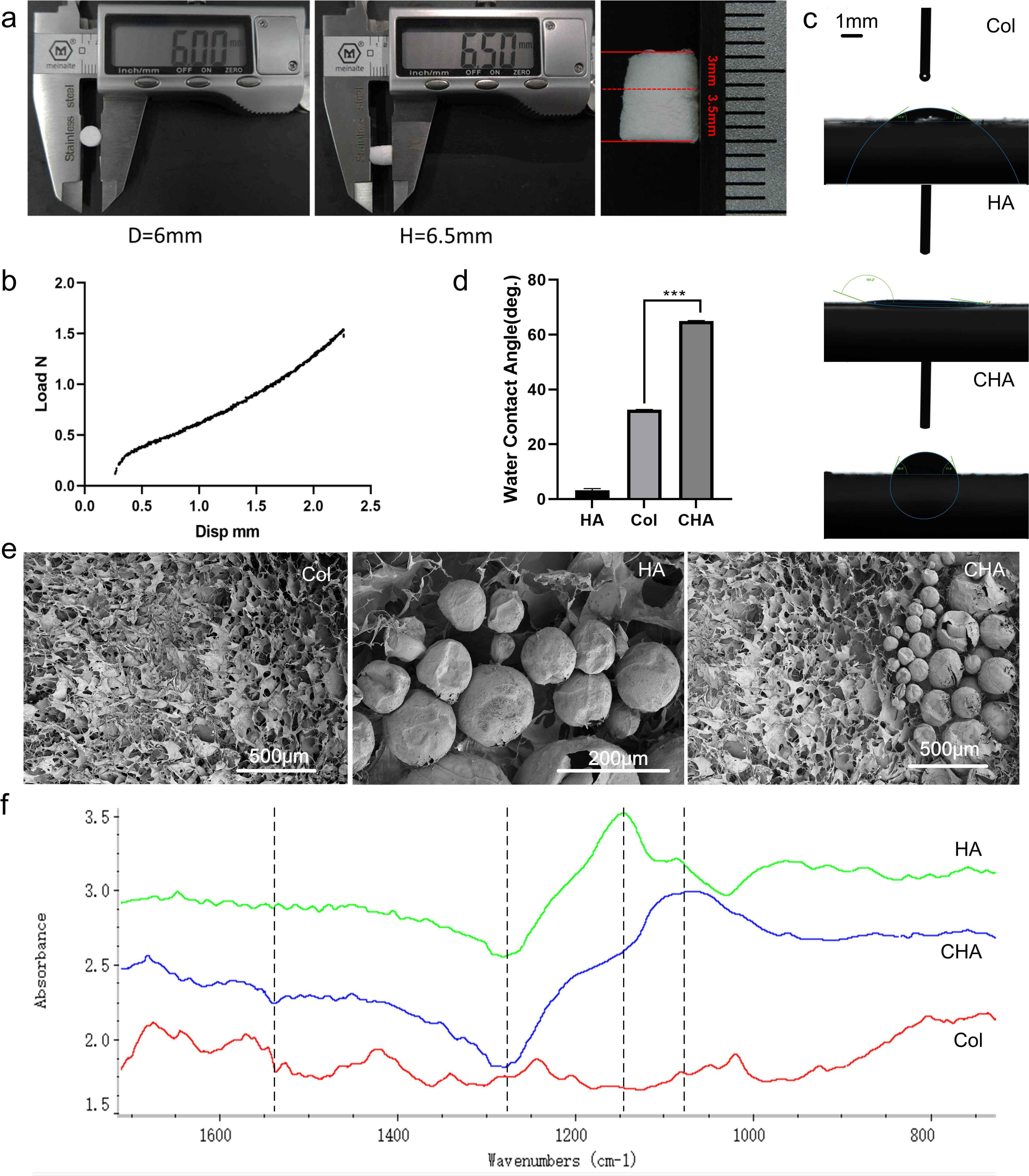 Fig. 2 
            Characterization of collagen nano-hydroxyapatite (CHA) scaffolds. a) Morphological observation of double-layer scaffold of CHA. b) Mechanical property of CHA scaffolds. c) and d) Water contact angle of collagen, hydroxyapatite (HA), and CHA scaffold. e) Scanning electron microscopy (SEM) images of CHA scaffolds. f) Fourier-transform infrared spectroscopy (FITR) of collagen, HA, and CHA scaffold.
          