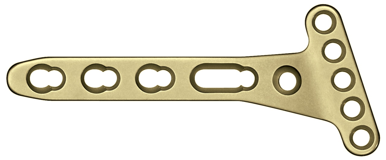 Figs. 1a - 1b 
          Photographs of distal radius locking
compression plates (LCP DR) used in the volar fixation of AO Type
C fractures of the distal radius, showing a) the juxta-articular
2.4 mm and b) the T-plate 3.5 mm types.
        