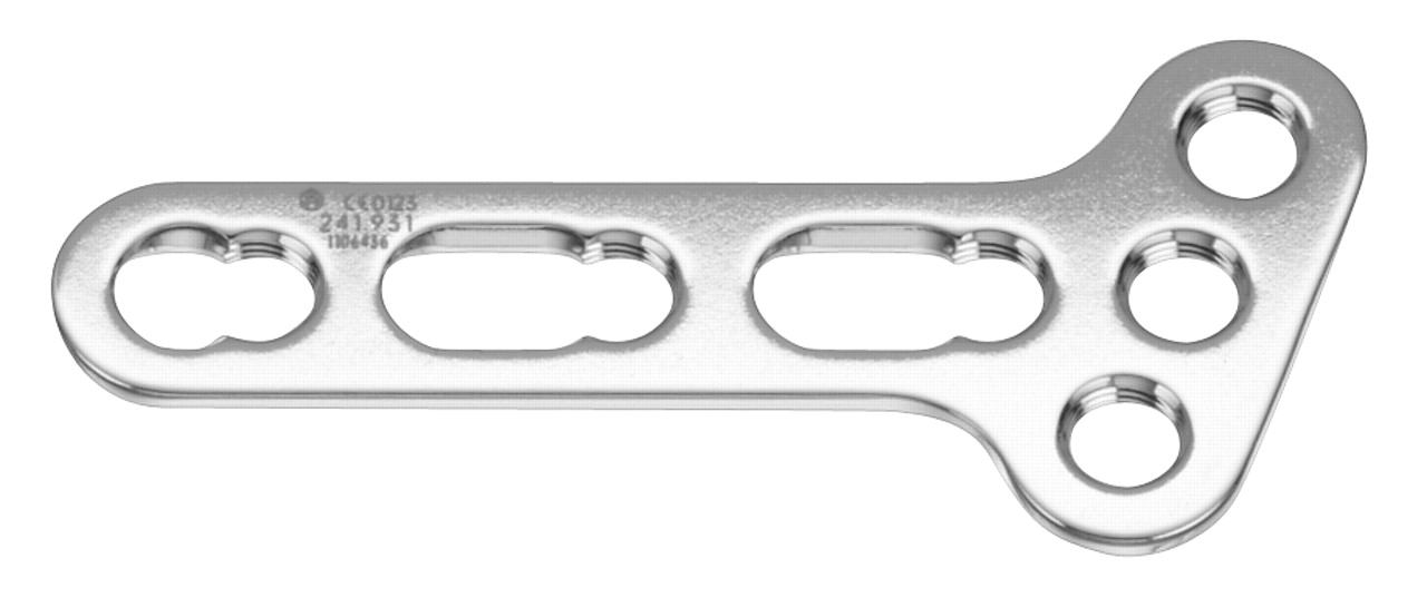 Figs. 1a - 1b 
          Photographs of distal radius locking
compression plates (LCP DR) used in the volar fixation of AO Type
C fractures of the distal radius, showing a) the juxta-articular
2.4 mm and b) the T-plate 3.5 mm types.
        