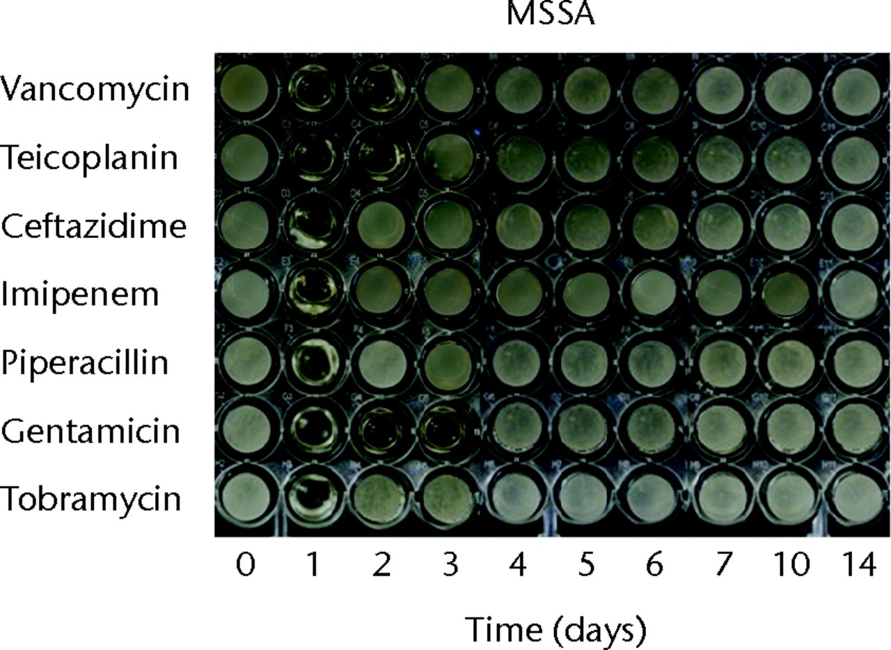 Figs. 1a - 1c 
          Micro-tube dilution bioassays
showing the antibacterial activities against gram-positive bacteria
in broth elution samples from the low-dose antibiotic loaded cements
(1 g antibiotic in 40 g polymethylmethacrylate) over a 14-day elution
period for a) methicillin-sensitive Staphylococcus aureus (MSSA),
b) methicillin-resistant Staph. aureus (MRSA) and
c) coagulase-negative staphylococci (CoNS).
        