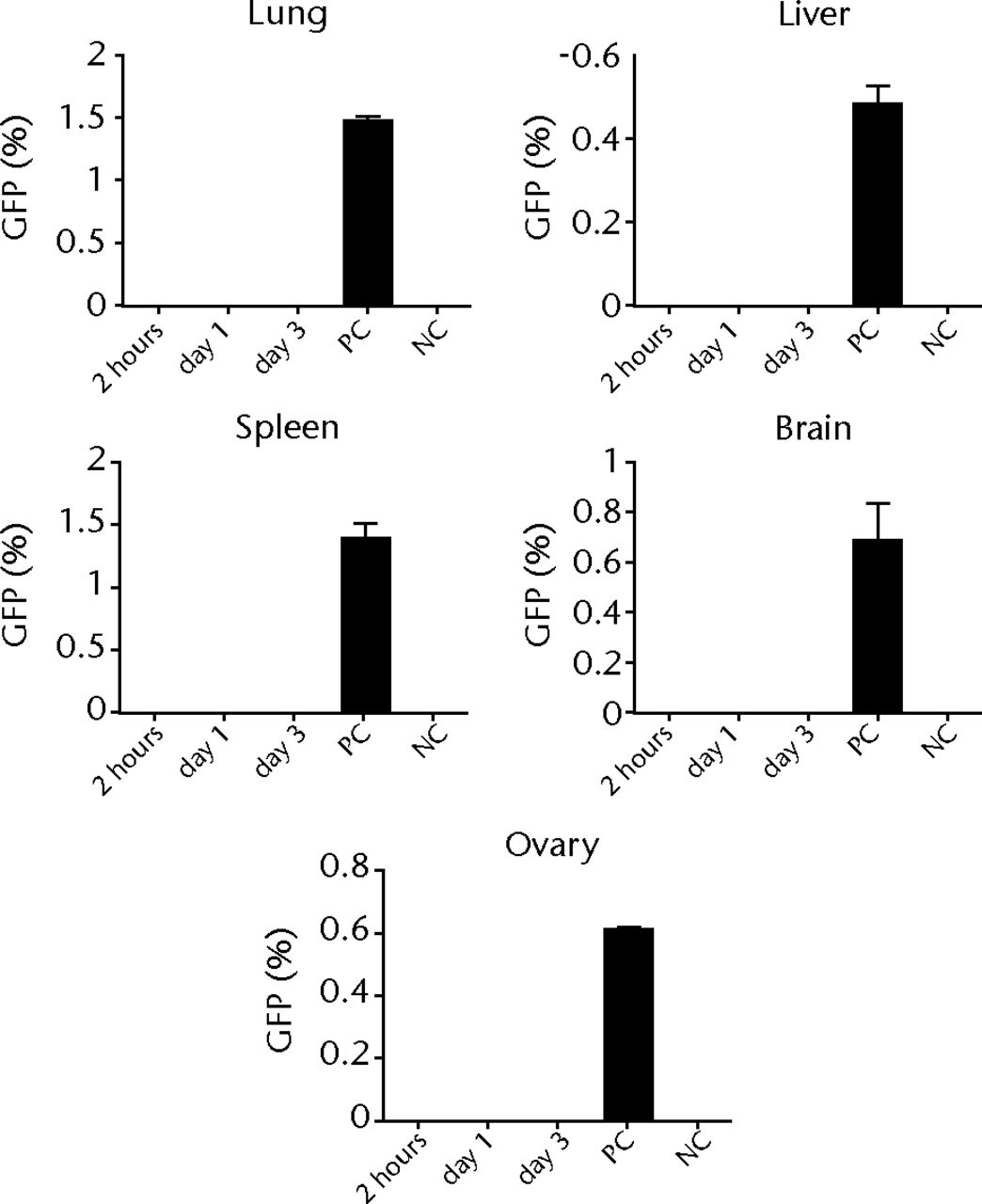 Figs. 5a - 5d 
          
            Figure 5a – Graph showing percentage
of GFP-positive cells in lung at two hours, one and three days after intravenous
infusion (n = 4 or 5 each). Values are presented as standard error
of the mean (SEM). Figure 5b – Graph showing percentage of GFP-positive
cells in BM, PB, liver, spleen and brain at two hours, one and three days
after intravenous infusion (n = 4 or 5 each). Values are presented
as standard error of the mean (SEM). Figure 5c – Representative
macroscopic images of the GFP expression in lung (left) and liver
(right) at two hours (i.v.-2h) and three days (i.v.-3d) after intravenous
infusion. PBS without osteoblast-like cells was used as a negative control,
whereas GFP-Tg rat was used as a positive control. Nuclei were stained with
DAPI. Figure 5d – Bar graph showing quantification of the GFP gene
by real-time PCR. Copy numbers of GFP were normal to that of GAPDH.
PBS was used as a negative control (NC), whereas GFP-Tg rat was
used as a positive control (PC). Values are presented as standard
error of the mean (SEM).
        