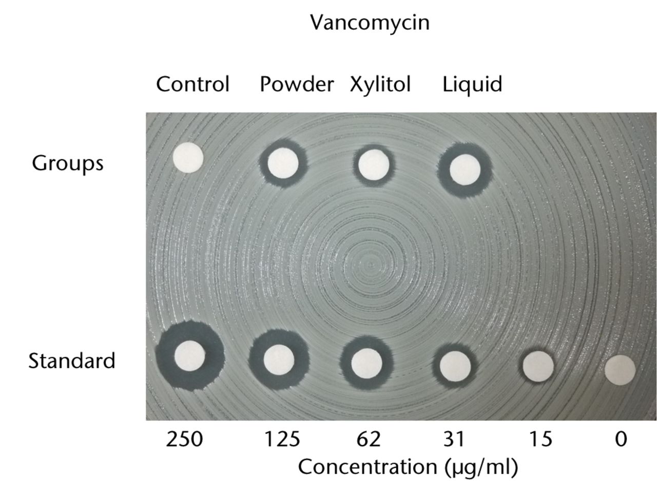 Figs. 3a - 3b 
          Charts showing antibacterial activity
of eluate samples from bone cement with different preparations,
as determined by agar-disk diffusion bioassay. The data are presented
in terms of inhibition of the test organisms: figure 1a - methicillin-resistant Staphylococcus
aureus and b) Candida albicans. The growth
was visually compared with standard samples containing different
concentrations of a) vancomycin and b) amphotericin B. 
        