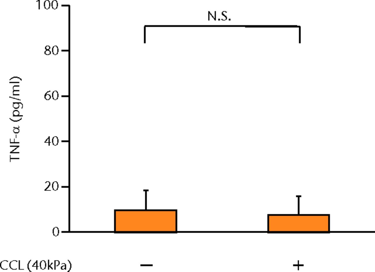 Figs. 2a - 2g 
            Graphs showing the
expressions of PGE2 and related molecules by cyclic compressive
loading. a) PGE2 was significantly upregulated by cyclic compressive
loading, interleukin- (IL-)1β, or tumour necrosis factor- (TNF)-α (n =
7). b) IL-6 (n = 6) and c) IL-8 (n = 6) were significantly upregulated
by cyclic compressive loading. d) IL-1β (n = 6) and e) TNF-α (n
= 6) were not upregulated by cyclic compressive loading. f) COX-2
(n = 6) and g) mPGES-1 (n = 5) mRNA levels were significantly upregulated
by cyclic compressive loading (CCL;cyclic compressive loading)*p
<
 0.01.
          