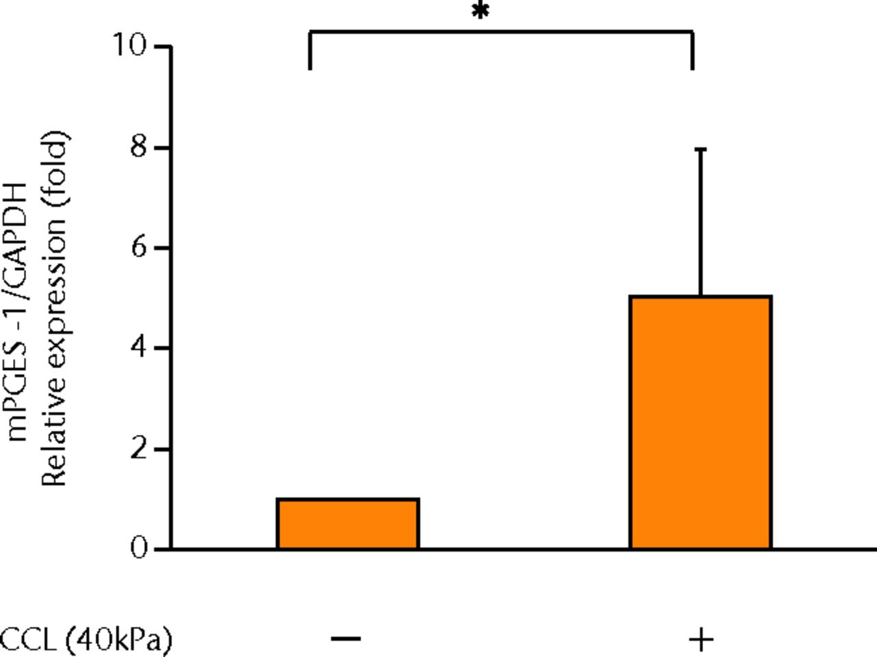 Figs. 2a - 2g 
            Graphs showing the
expressions of PGE2 and related molecules by cyclic compressive
loading. a) PGE2 was significantly upregulated by cyclic compressive
loading, interleukin- (IL-)1β, or tumour necrosis factor- (TNF)-α (n =
7). b) IL-6 (n = 6) and c) IL-8 (n = 6) were significantly upregulated
by cyclic compressive loading. d) IL-1β (n = 6) and e) TNF-α (n
= 6) were not upregulated by cyclic compressive loading. f) COX-2
(n = 6) and g) mPGES-1 (n = 5) mRNA levels were significantly upregulated
by cyclic compressive loading (CCL;cyclic compressive loading)*p
<
 0.01.
          