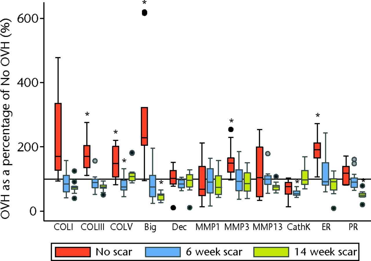 Figs. 2a - 2b 
            Graphs showing surgical menopause
in normal and healing ligaments for a) collagens, proteoglycans,
proteinases, hormone receptors and b) growth factors and inflammatory
mediators. (* OVH different from No OVH; p ≤ 0.05. Horizontal reference
line is 100% OVH as a percentage of No OVH; bFGF, basic fibroblast
growth factor; Big, biglycan; CathK, cathepsin K proteinase; COL,
collagen; COX2, cyclooxygenase 2; CTGF, connective tissue growth
factor; Dec, decorin; ER, oestrogen receptor; IGF1, insulin-like
growth factor type 1; IL1, interleukin 1 beta; iNOS, inducible nitric
oxide synthase; MMP, matrix metalloproteinase; NGF, nerve growth
factor; OVH, ovariohysterectomy; PR, progesterone receptor; TGF,
transforming growth factor; TNF, tumour necrosis factor; VEGF, vascular
endothelial growth factor).
          