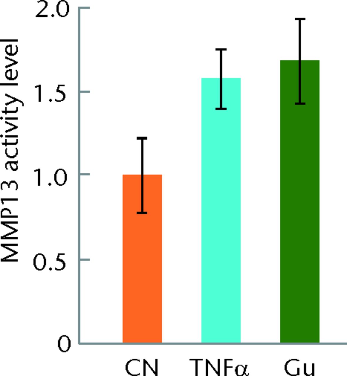 Figs. 1a - 1d 
            Graphs and staining
showing the response of human primary chondrocytes to tumour necrosis
factor alpha (TNFα) in the presence and absence of Salubrinal (Sal)
or Guanabenz (Gu), with a) activation of nuclear factor kappa B
(NFκB) by TNFα for 15 minutes and partial deactivation by Salubrinal,
b) matrix metalloproteinase (MMP)13 activity induced by TNFα and
suppressed by 5 µM Salubrinal, c) no detectable effect of Guanabenz
on the level of p-NFκB and d) no detectable change of MMP13 activity
by Guanabenz shown. CN, vehicle.
          