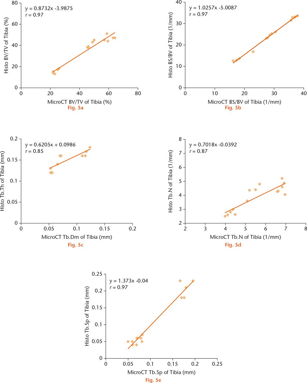  
            Histological indices and micro-CT analysis correlations from the same histomorphometric parameters of the tibia; a) bone volume density; b) bone surface density; c) Tb.Dm (Tb. Th); d) trabecular number; e) trabecular separation A total of 15 specimens among sham, ovariectomised and zoledronate-injected ovariectomised groups were used for correlations. All regressions were highly significant.
          