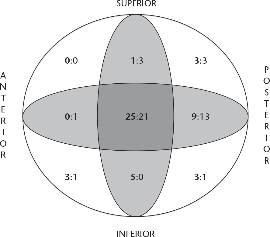 Fig. 3 
          The distribution of lag screw positions in the femoral head. Ratios of Sliding hip screw (in bold) to X-Bolt are given in each zone. Note: One X-Bolt had an inadequate lateral radiograph, and so its position could not be determined.
        