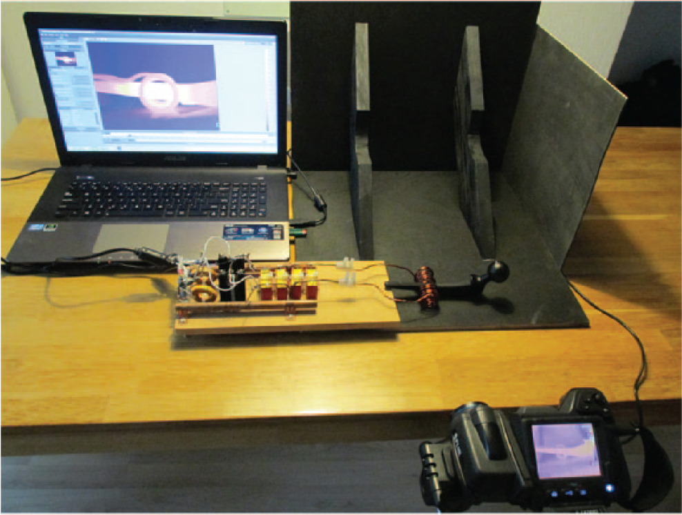 Fig. 1 
          A photograph showing experimental setup for thermal measurements during segmental induction heating of metal implant, in this case the hip stem.
        