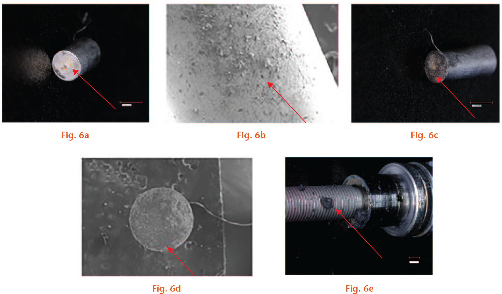  
            Microscopic inspection of internal parts of a later P1 design. a) Non-fractured part of the actuator pin with presence of debris (arrow). b) Scanning electron microscopy (SEM) showed black debris on the side of the pin. c) Fractured site of the pin, with black debris, but with no clear indentation of the initiation and endpoints of the fracture. d) The initiation point was not evident using the SEM, suggesting a more brittle fracture. e) Black stained materials on the thread mechanism of the nail.
          