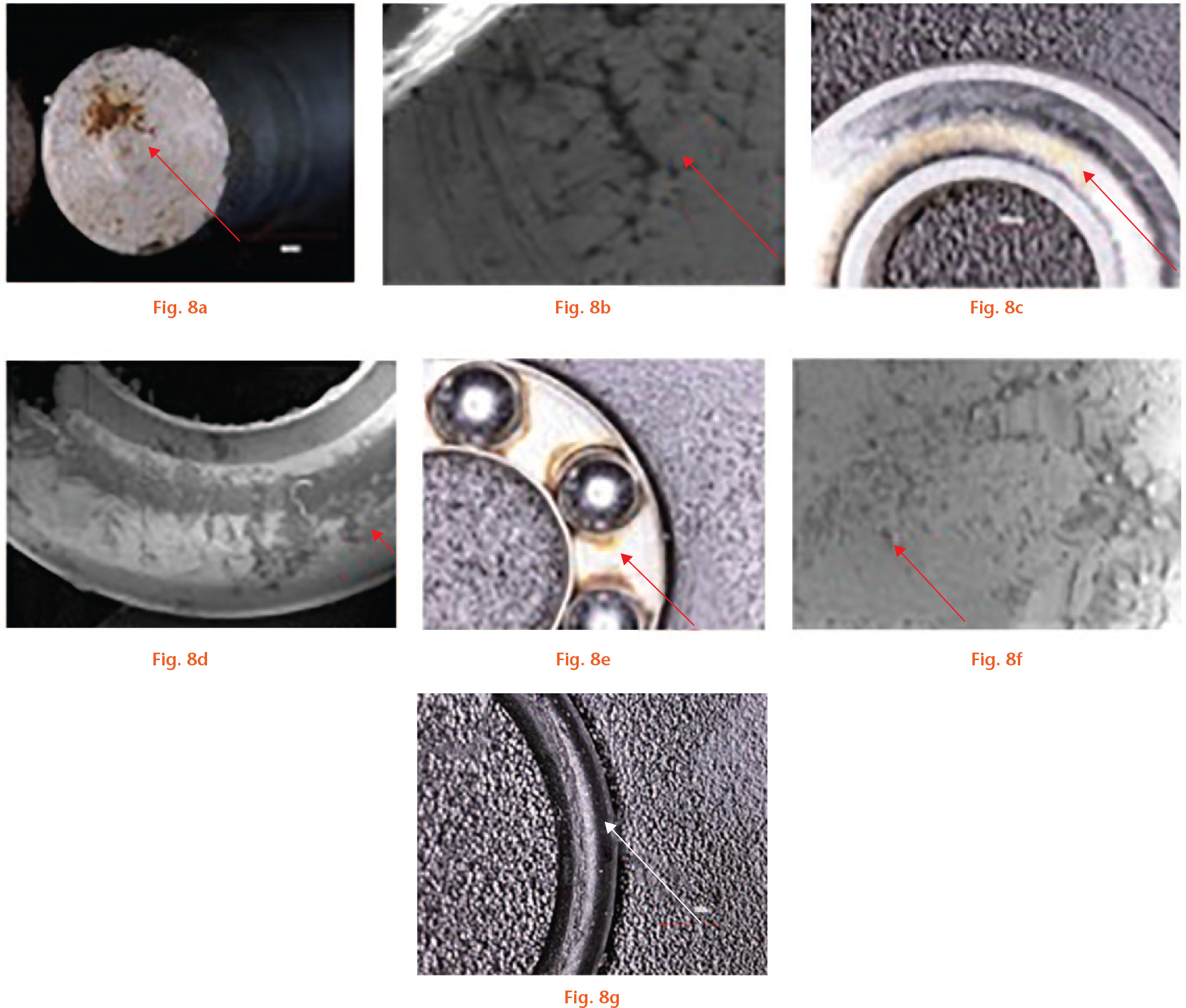  
            Microscopic inspection of internal parts of P2.1. a) Presence of foreign substances on the pin (arrow), while b) under the scanning electron microscopy (SEM) we observed black debris. c) The plain bearing had a small amount of foreign debris, which d) was more extended when we performed SEM (arrow). e) On the ball bearings, there was foreign materials (arrow), but not that extended, as f) SEM revealed. g) On the rubber ring, there was scratching on both sides (arrow).
          