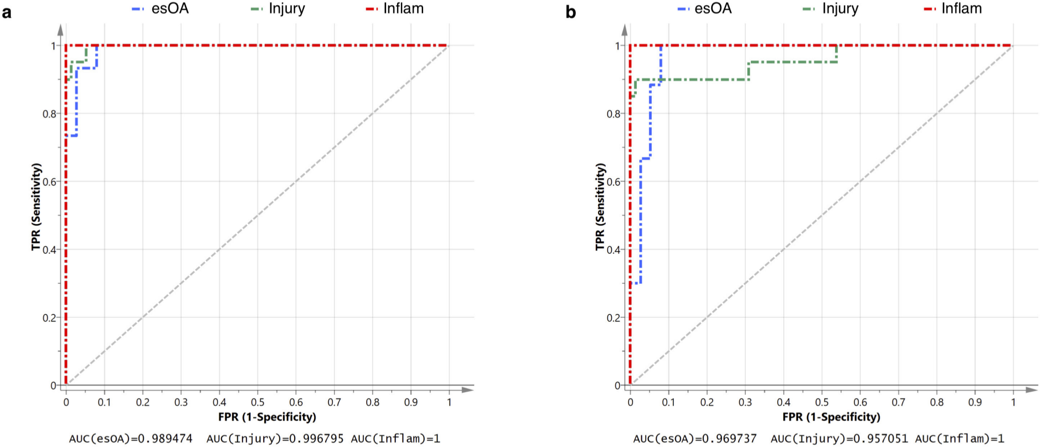 Fig. 2 
            Receiver operating curve (ROC) analysis of diagnostic performance. a) Full model using 20 synovial fluid (SF) markers. b) Streamlined model using eight SF markers. The area under the curve (AUC) as a measure of the diagnostic accuracy for patient cohort is presented. True positive rate (TPR) is equivalent to sensitivity. False positive rate (FPR) is equivalent to (1-specificity). 'Injury' refers to a non-osteoarthritic knee injury. esOA, end-stage knee osteoarthritis; Inflam, inflammatory arthritis.
          