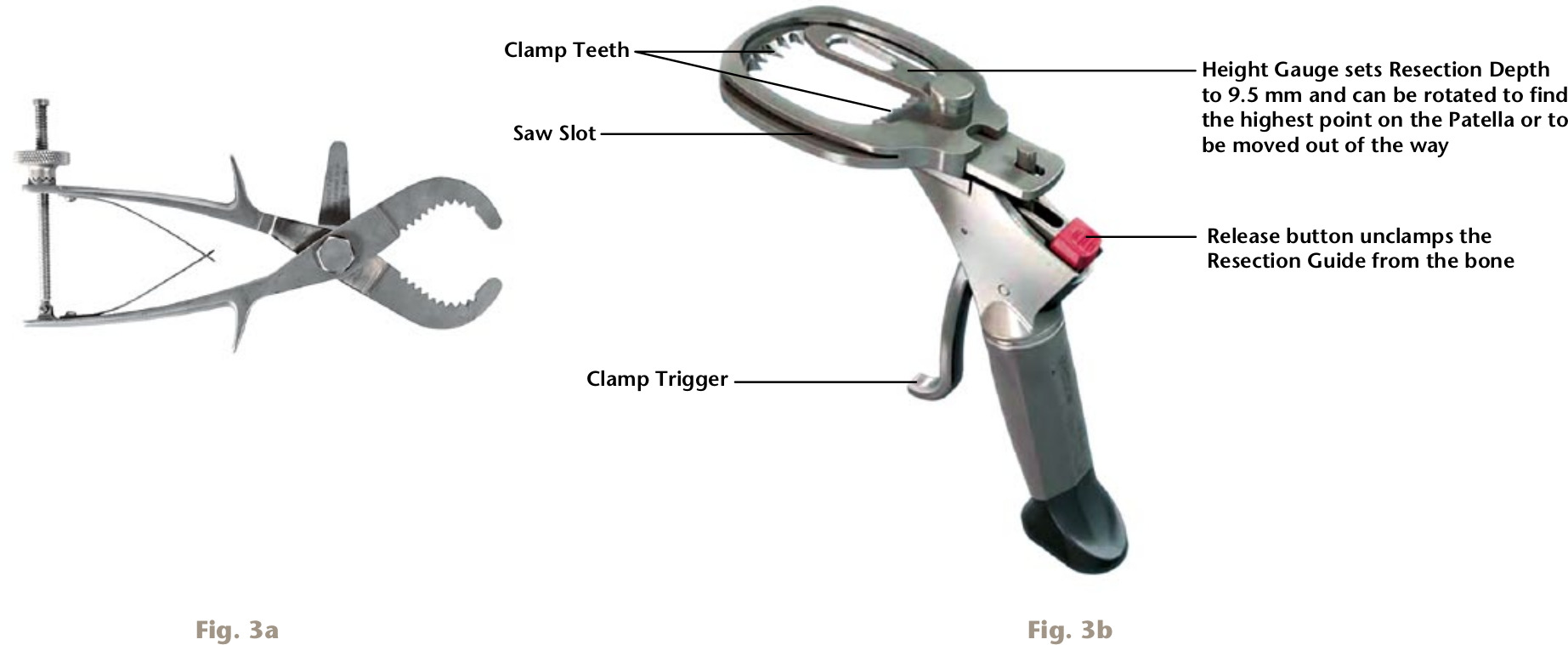 Fig. 3 
          a) Zimmer universal patella saw guide. b) Attune Intuition patella saw guide.
        