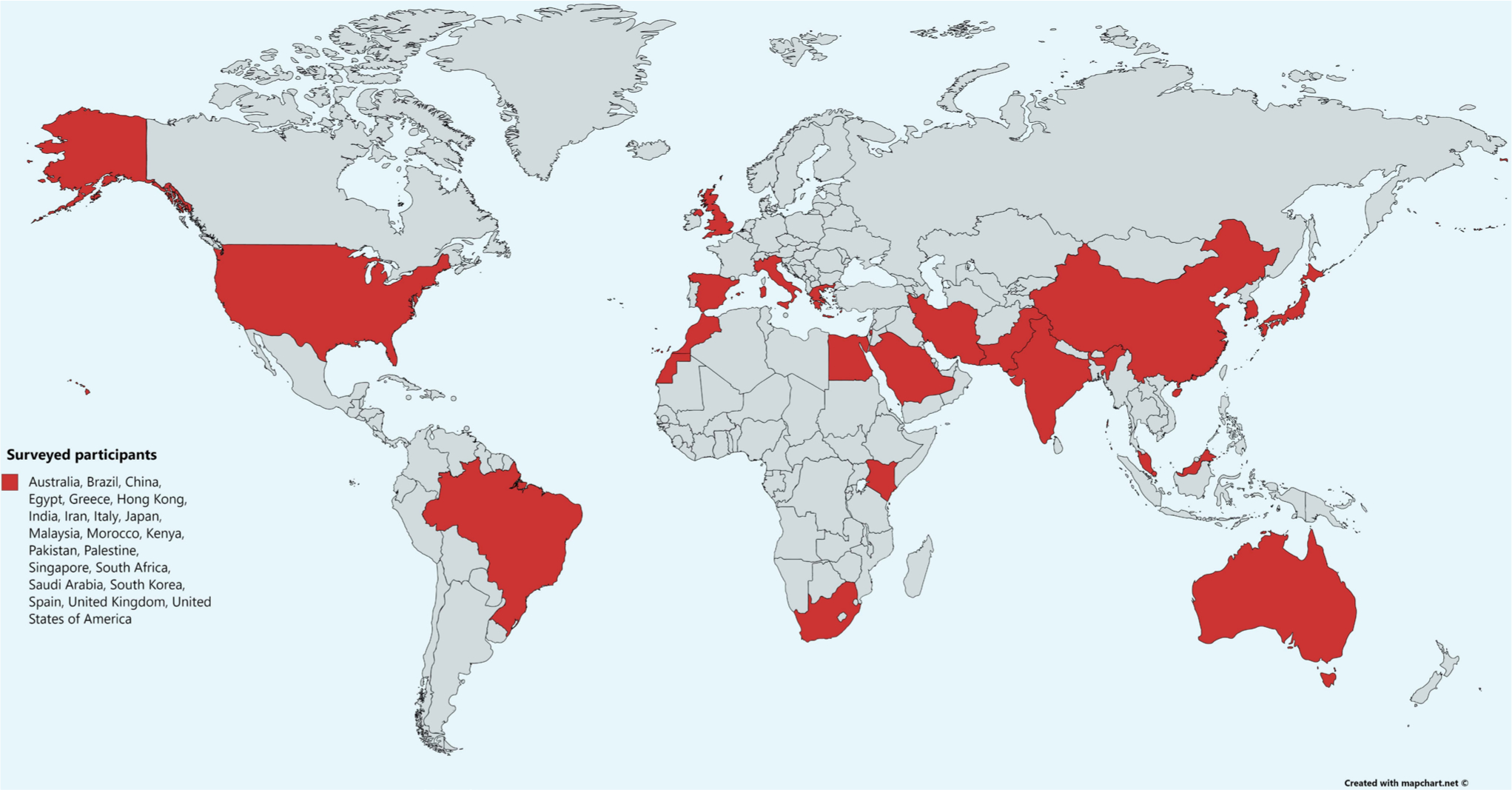 Fig. 1 
          World map indicating countries represented by survey respondents. Designed using an open source online tool, mapchart.net.
        