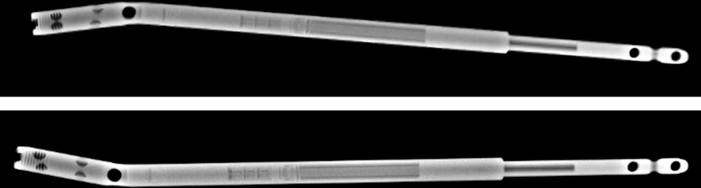 Fig. 4 
            Radiograph imaging did not reveal any apparent damage to the internal mechanism of the nails
          