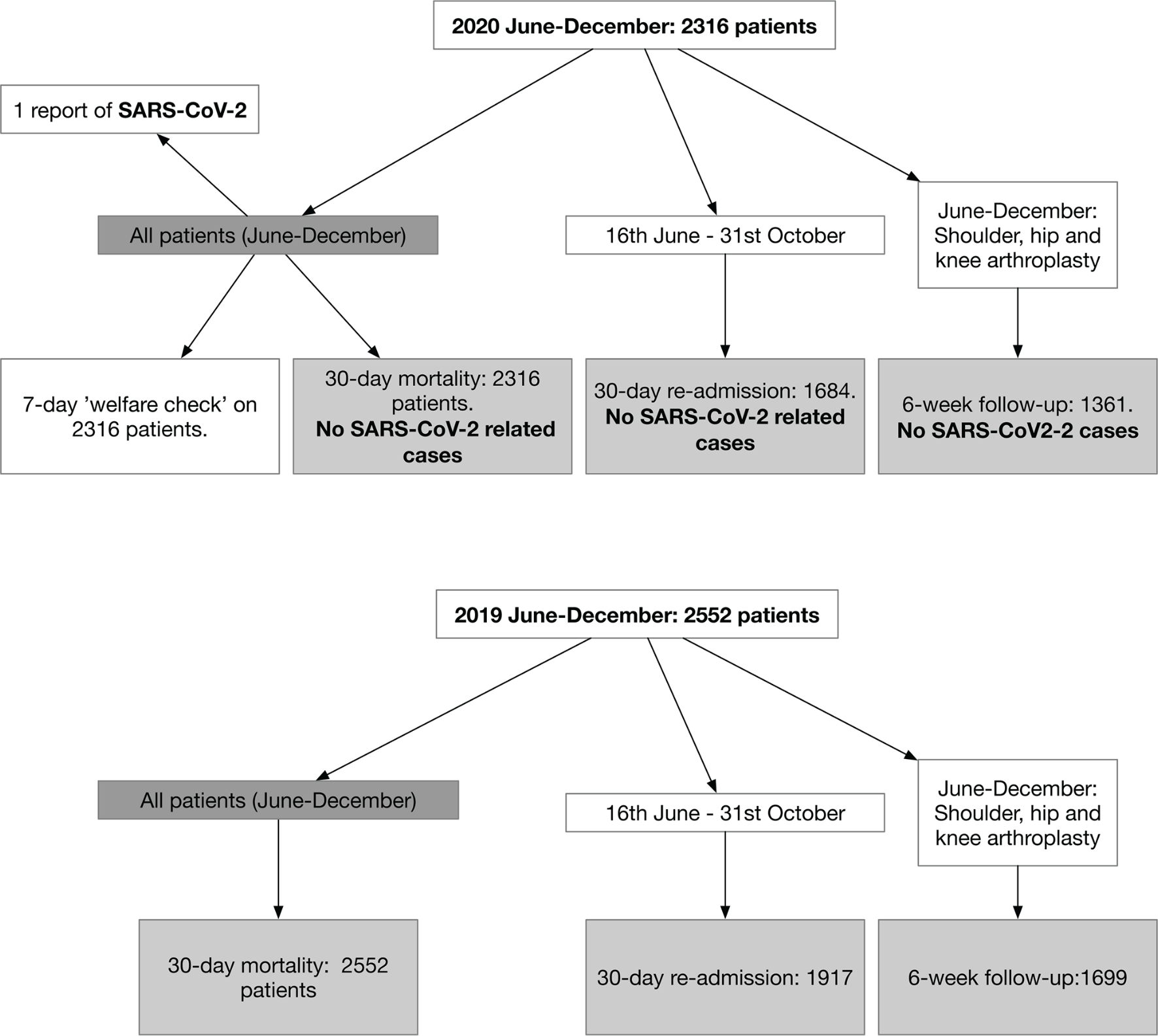 Fig. 2 
            Flow diagram showing the data sources (and patient numbers) for 2019 and 2020 patient groups.
          