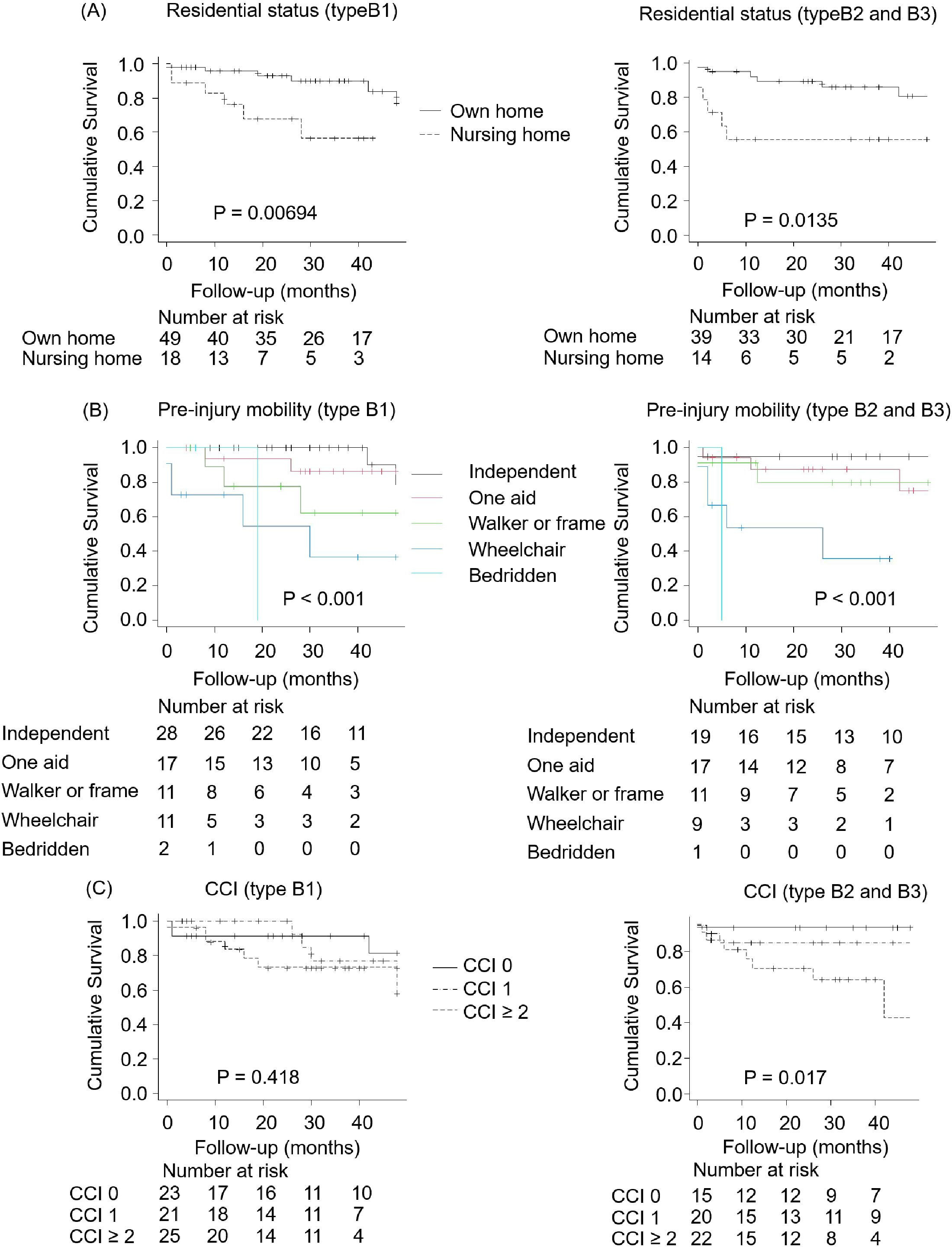 Fig. 3 
          Kaplan-Meier survival curves for patients with Vancouver type B subtypes according to a) residential status, b) pre-injury mobility, and c) Charlson Comorbidity Index (CCI).
        