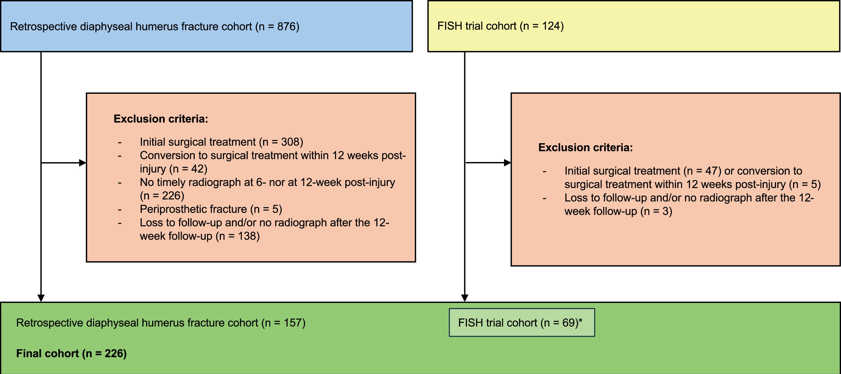 Fig. 1 
            Flowchart of the study (*Finnish Shaft of the Humerus (FISH) trial participants were included in a pre-planned subgroup sensitivity analysis and in the primary analysis).
          