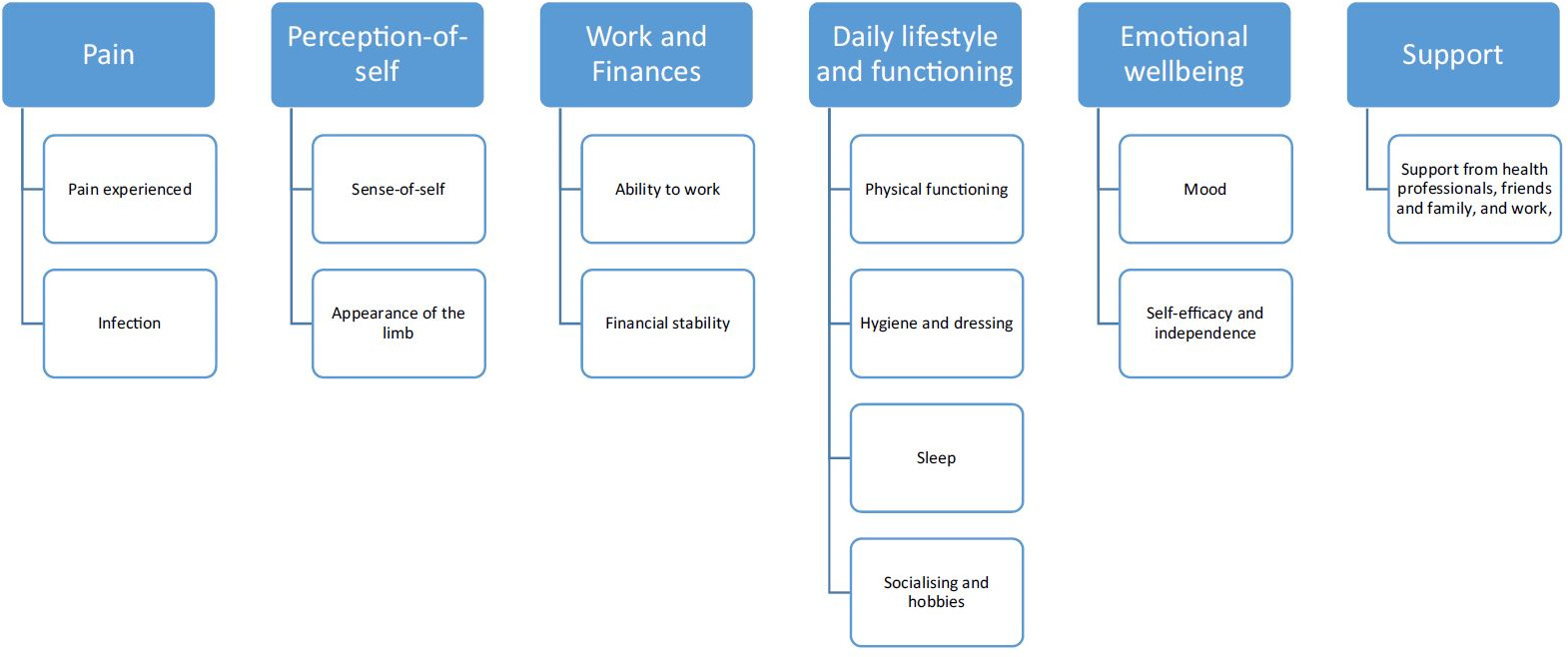 Fig. 1 
          The Patient-Reported Outcome Measure for Lower LImb reconsTruction conceptual framework outlining what is important to adult lower limb reconstruction patients (reproduced from Leggett et al2 under licence (CC BY 4.0)).
        