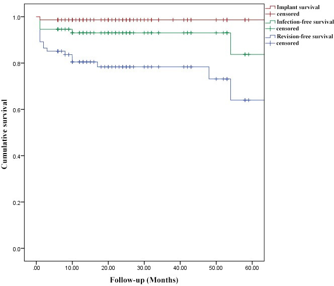 Fig. 5 
          Kaplan-Meier survival analysis for implant, infection-free, and revision-free survival.
        