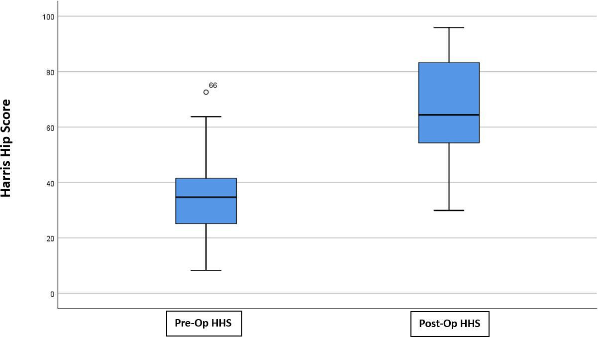 Fig. 1 
          Box plot showing the variation of Harris Hip Score (HHS) preoperatively and at final follow-up.
        