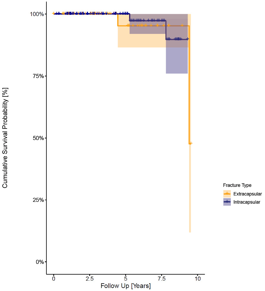 Fig. 2 
          Kaplan-Meier survival curve of intracapsular versus extracapsular fractures. Shaded areas represent 95% CI.
        