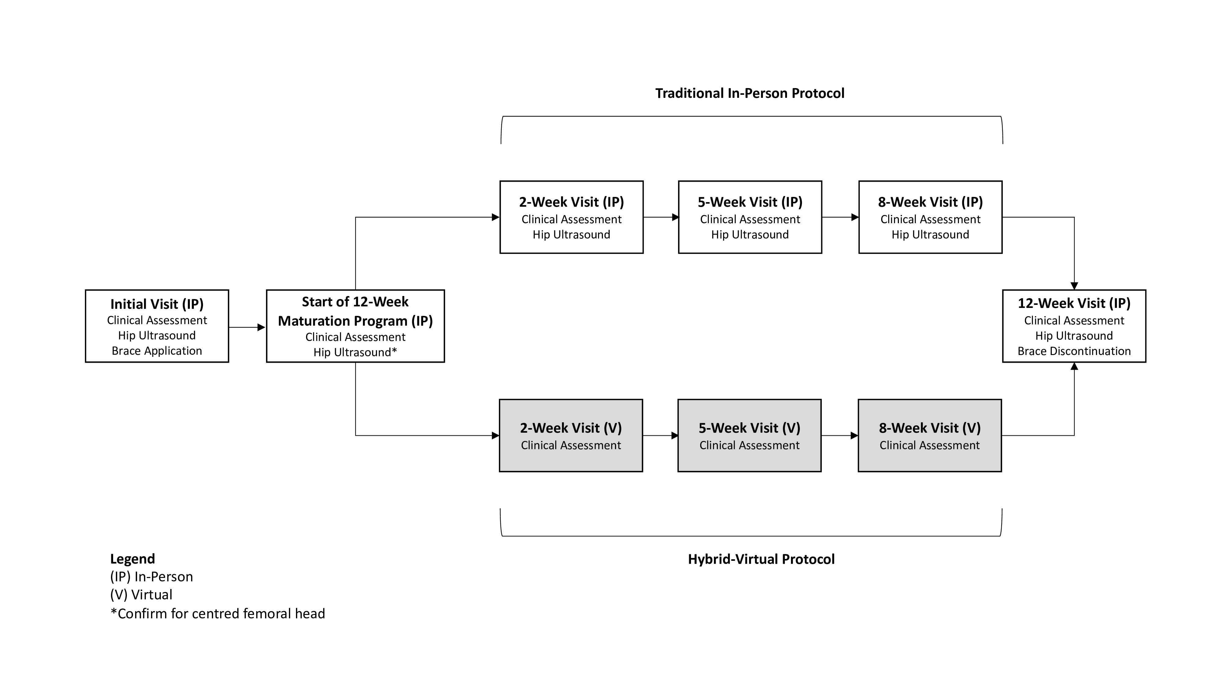 Fig. 1 
            Practice change to the nonoperative developmental dysplasia of the hip (DDH) treatment protocol 12-week maturation programme from the traditional in-person protocol to the hybrid-virtual protocol.
          