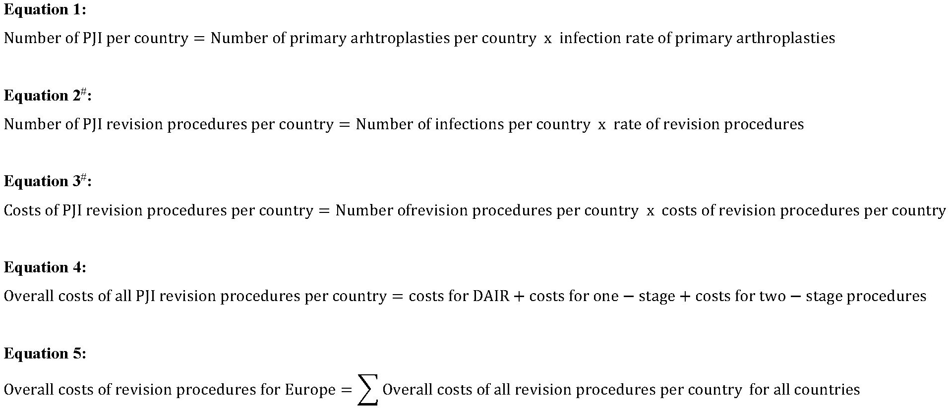 Fig. 1 
            Equations used for the health-economic modelling. Calculations were done for hip and knee periprosthetic joint infection (PJI), respectively. #Number and costs of revision procedures were calculated for debridement, antibiotics, and implant retention (DAIR), one-stage, and two-stage PJI procedures, respectively.
          